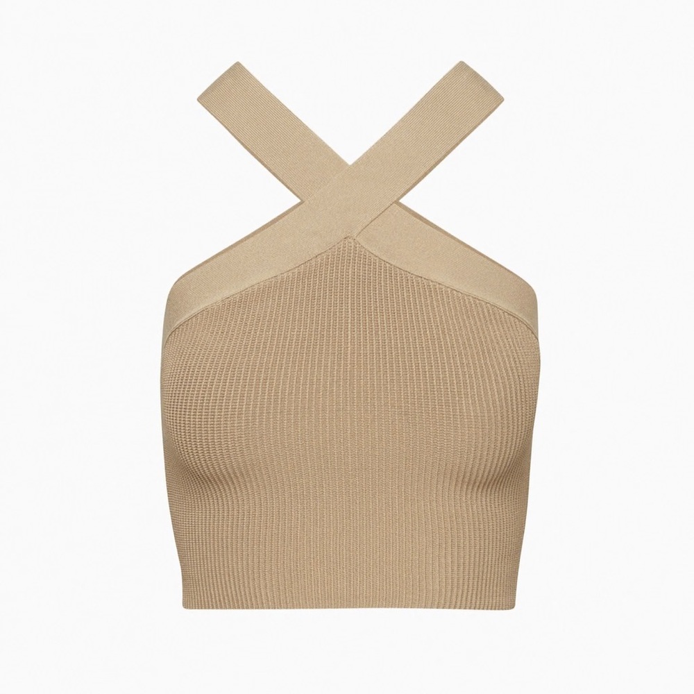 NWT Aritzia Babaton Sculpt Knit Criss Cross Tan Gold Camel Ribbed Crop Top L